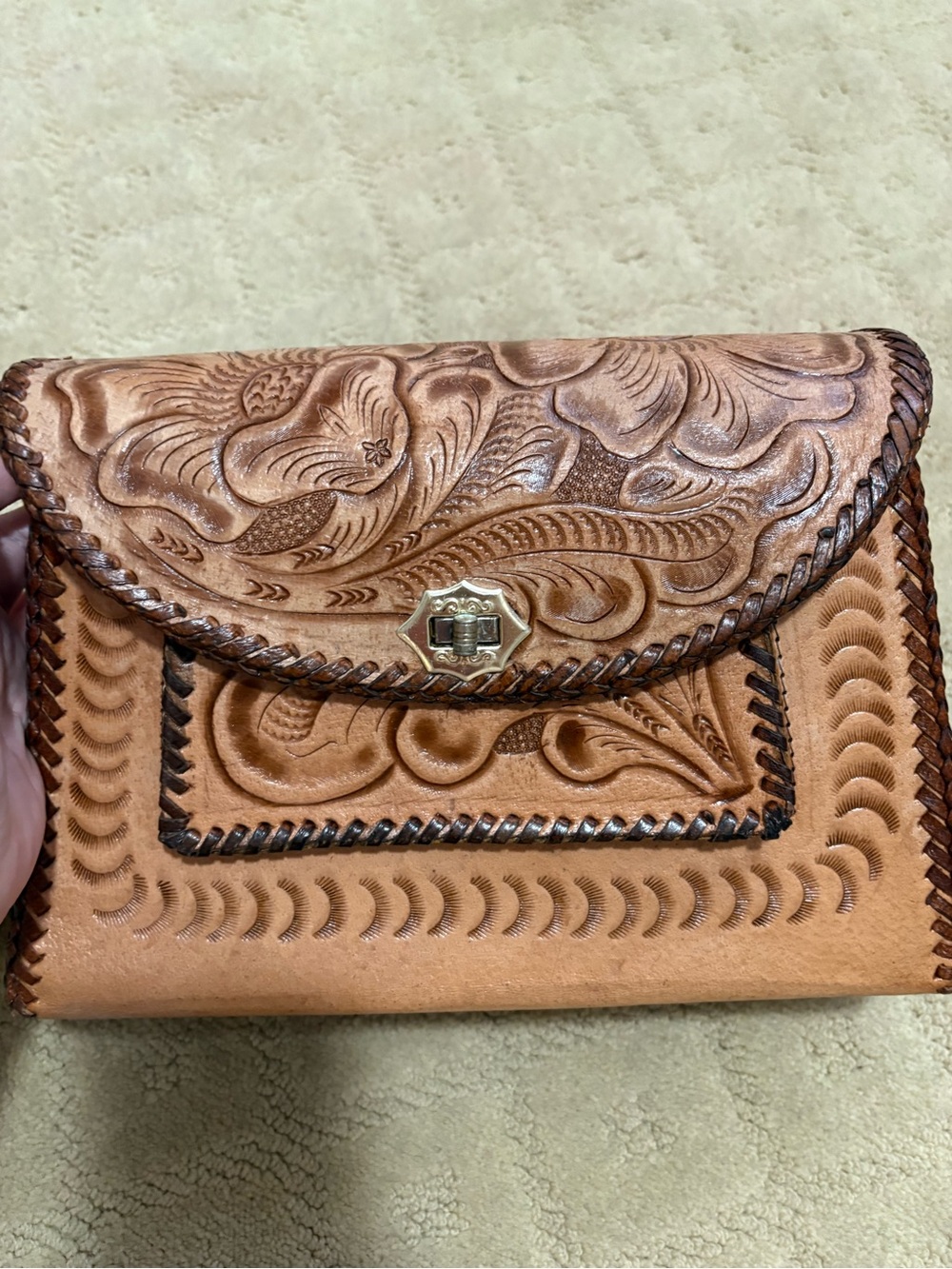 Hand-Tooled Floral Leather Clutch Wristlet in Tan